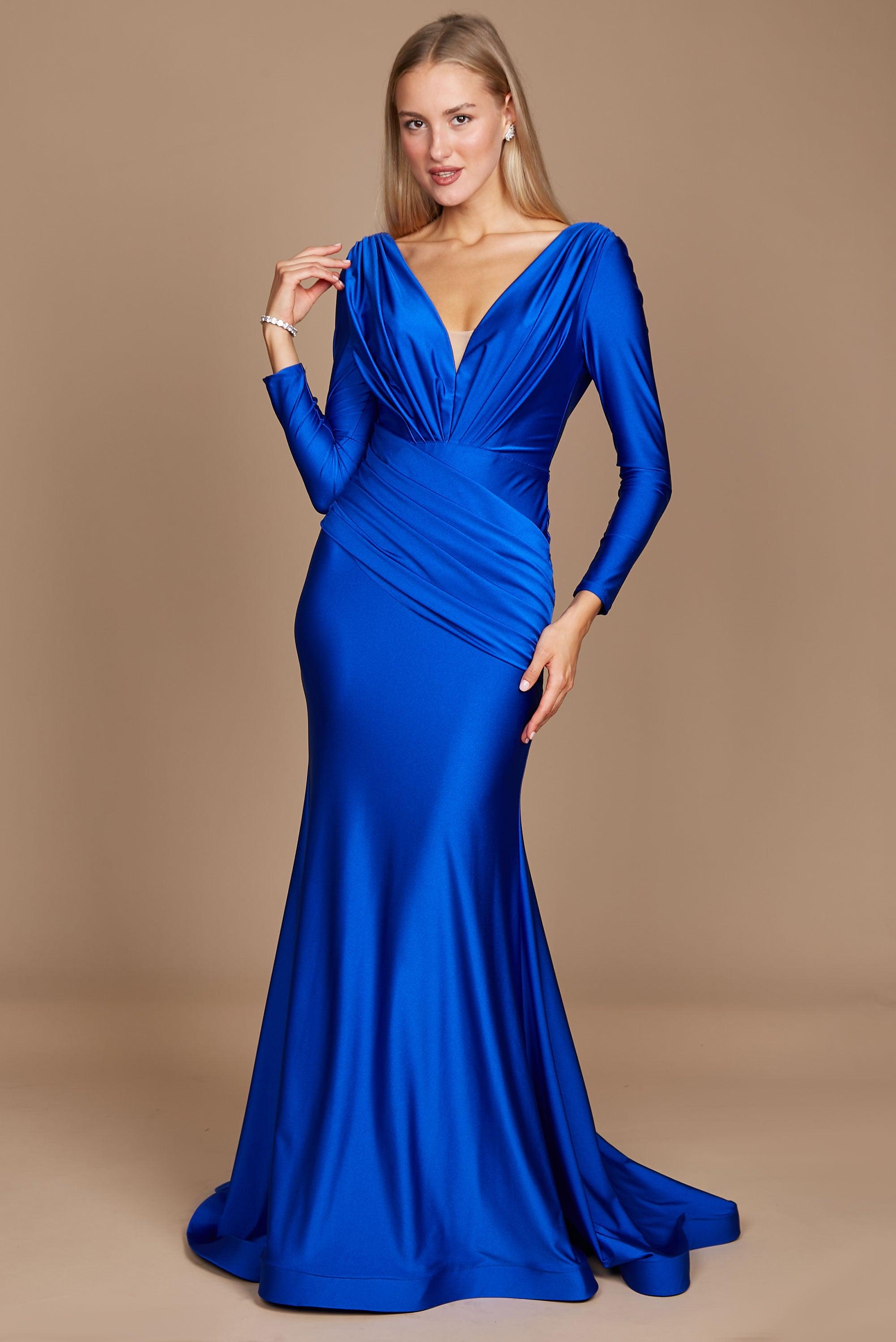 Blue Satin Strapless A-Line Long Prom Dress with Puff Sleeves – Dreamdressy